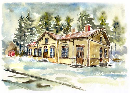 Kovjoki station. Akvarell av Leif Sjöholm.