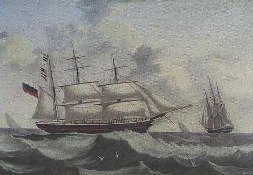 Barkskeppet Alexander II av Nykarleby. Kapten J. Kerrman. Oljemålning 18 maj 1860. Foto Sjöhist. institutet, Åbo Akademi.
