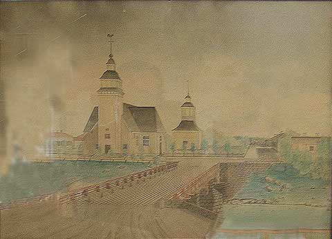 Nykarleby kyrka av år 1708 och klockstapeln av år 1702 från sydväst. Osignerad akvarell i stadens rådhus. På basen av byggnadsdetaljerna kan bilden dateras till tiden mellan 1852 och 1889. Foto Paavo Korhonen 1957.