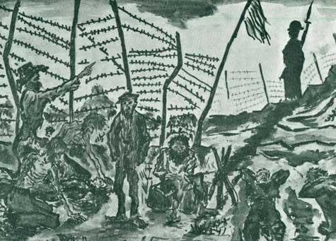 För att övervinna det svåra motstånd, som ännu oskrivna "Fädrens blod" bjöd på 1960, skrev Leo diktsamlingen "Stämmor i nordannatten" – och målade flera akvareller. Den här bilden av ett koncentrationsläger utgår från det amerikanska inbördeskriget, men kunde lika gärna illustrera hans skakande lägerskildringar i "Fädrens blod" eller "Krigshistoria"