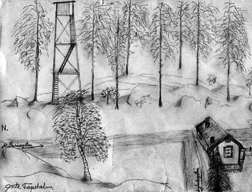 Luftbevakningstornet på Källbacken. ”Felix björk” syns på den plats där vattentornet uppfördes och ”Esas-Lisas” gård till höger. 